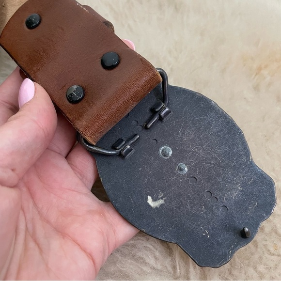 Women's 100% Leather Gold Ram Buckle Boho Indie Unique Belt - Picture 3 of 5